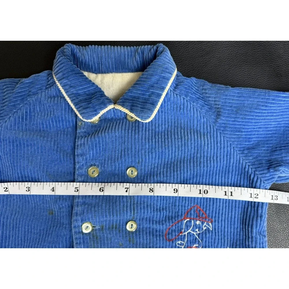 Vintage 70s Corduroy Baby Set Blue Jacket Pants Kangaroo Firefighter USA 18M